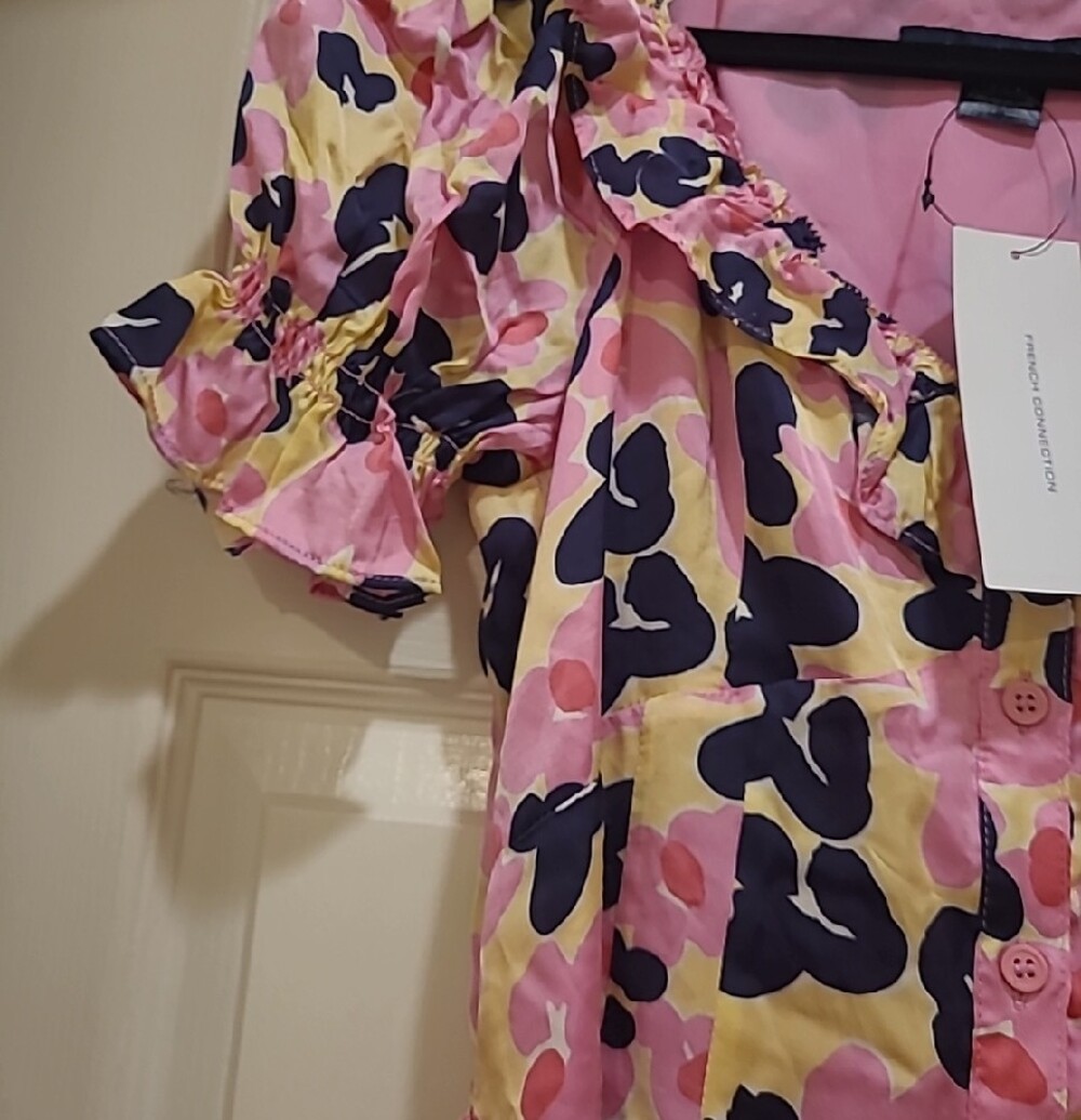 French Connection Pink Yellow Floral Ruffle Button-Front Dress - Picture 5 of 9